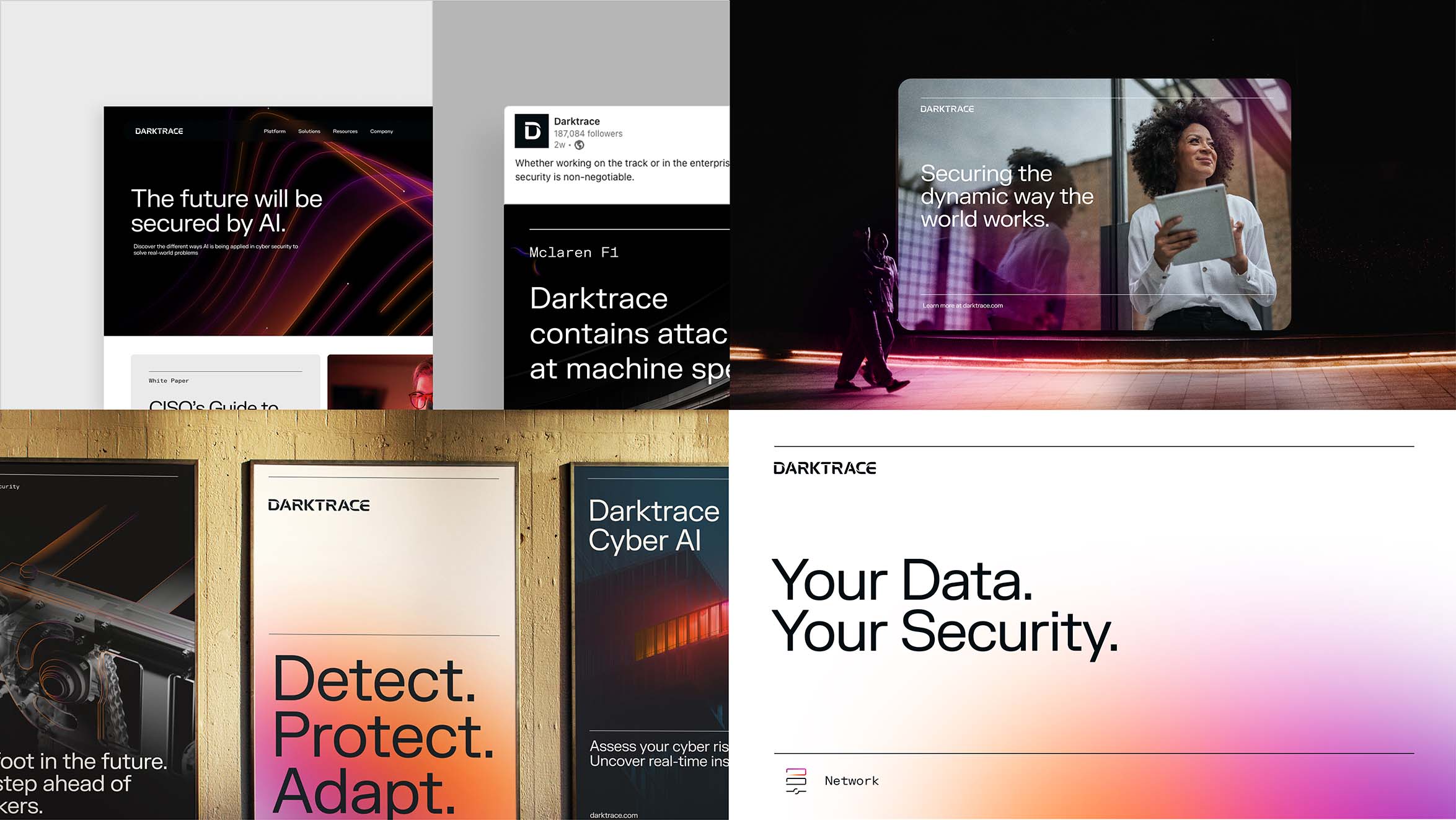 Collage of Darktrace cybersecurity ads with slogans about AI security, data protection, and cyber risk.