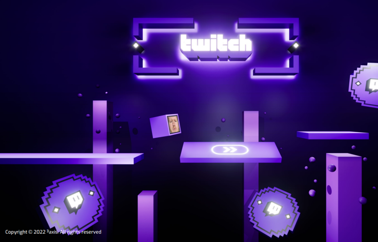 3D purple Twitch logo with geometric shapes and floating Twitch icons on a dark background.