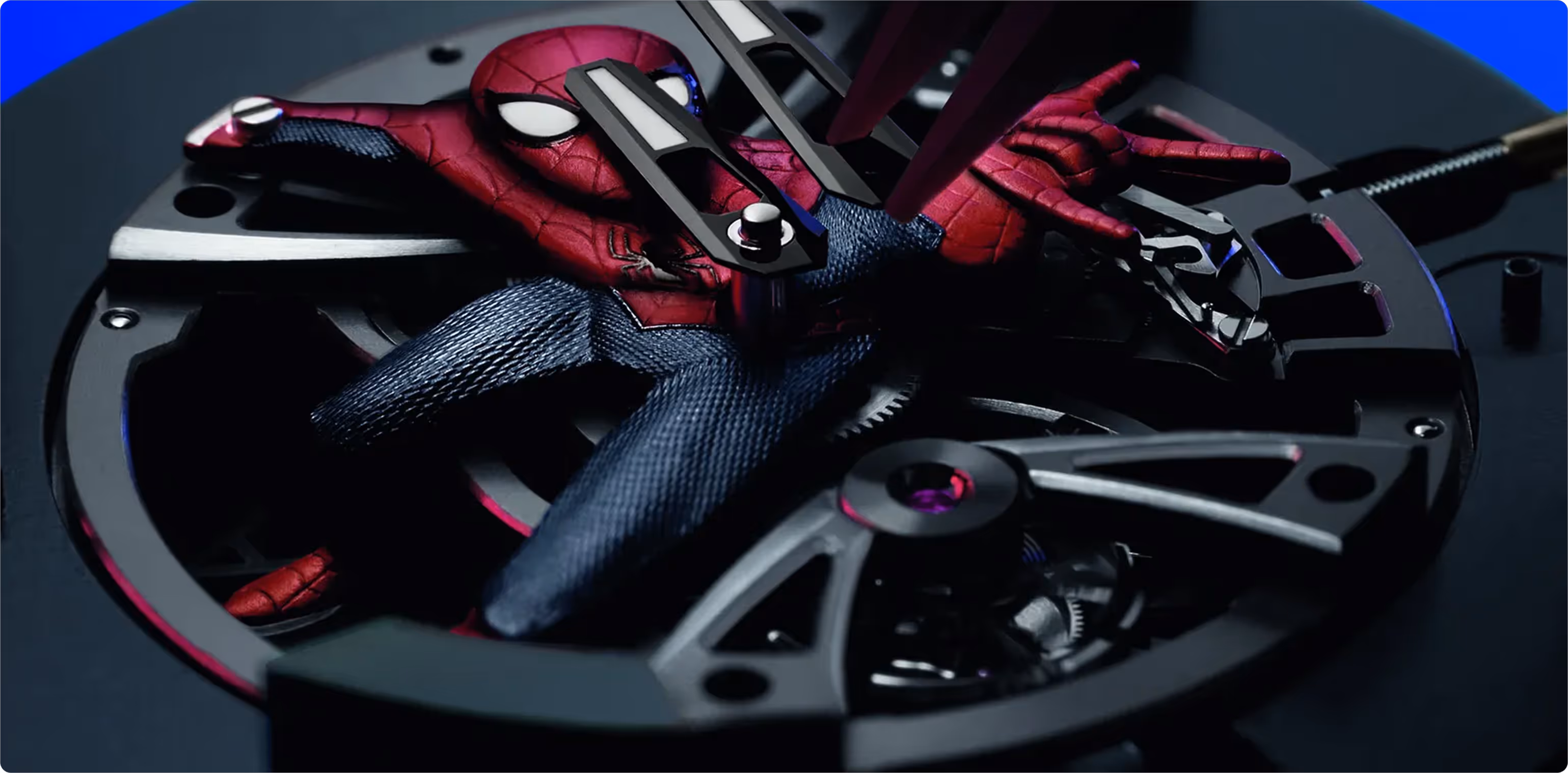 Close-up of a Audemars Piquet watch mechanism featuring a small Spider-Man figurine integrated into the gears.